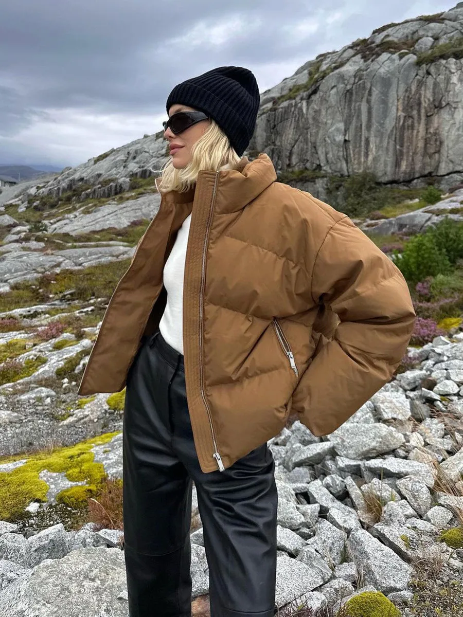 Jaqueta chique de pato de rua alta feminina, casaco curto soprador, gola de inverno, bread parkas