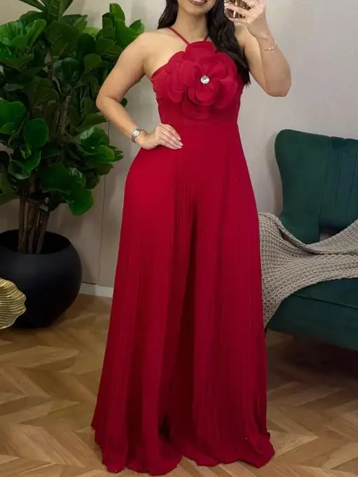 

Модный женский комбинезон 2026, летний новый большой 3D цветочный декор с открытой спиной, сексуальный комбинезон с подвесным воротником, подходит для вечеринок