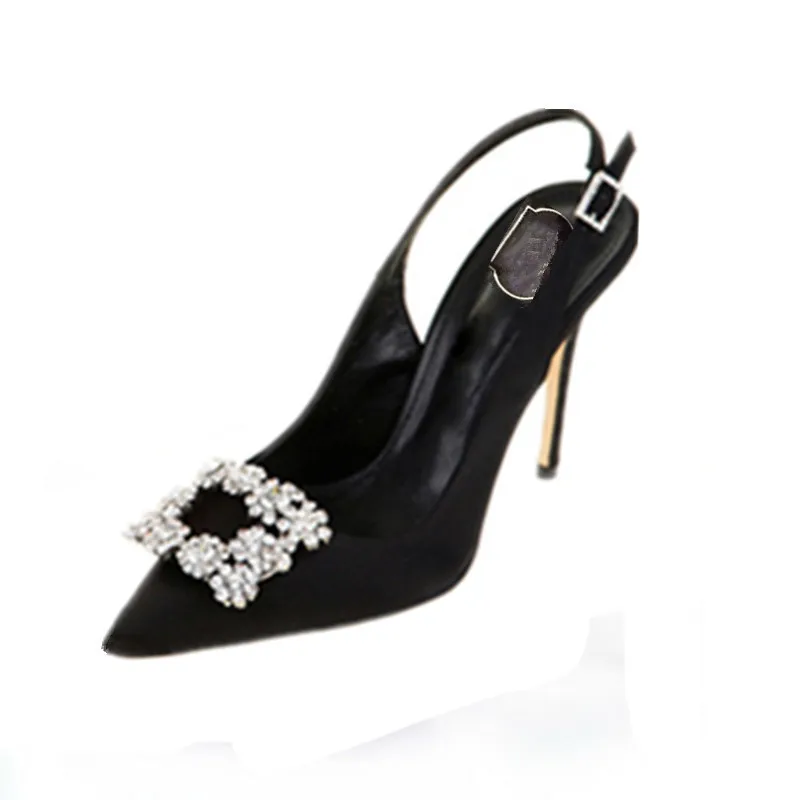 New Satin Cloth Colored Crystal Rhinestone Square Buckle Pumps Pointed Toe Slip-on Stiletto High Heels Hollow Back Party Shoes