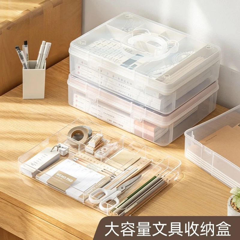 Bear Stationery Storage Box Student Desktop Sundries Grid Double-layer Transparent Plastic Storage