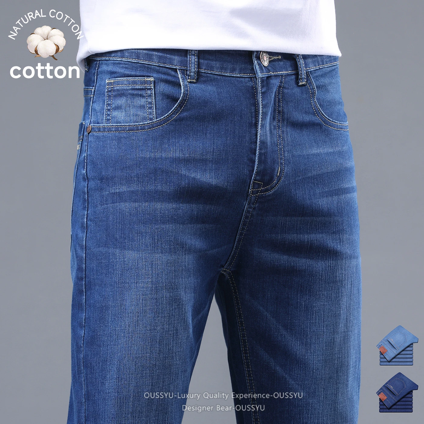OUSSYU Brand 2026 Summer Thin Breathable Jeans Men Cotton Business Slim Casual Denim Pants Work Korea Trouser Man Plus Size 40
