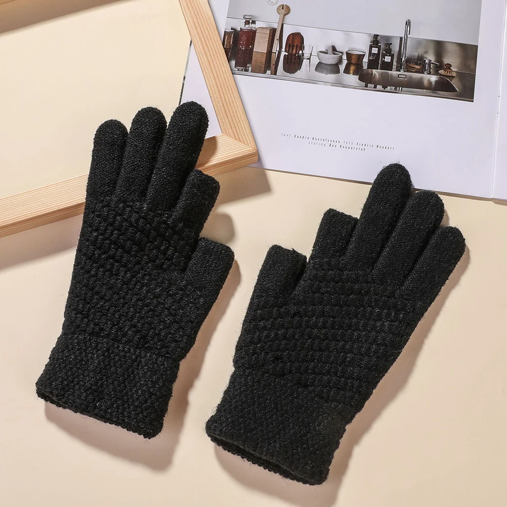 New Knitted Gloves Women Men Winter Outdoor Riding Writing Plush Thicken Warm Dew Two Finger Touch Screen Mittens Christmas Gift