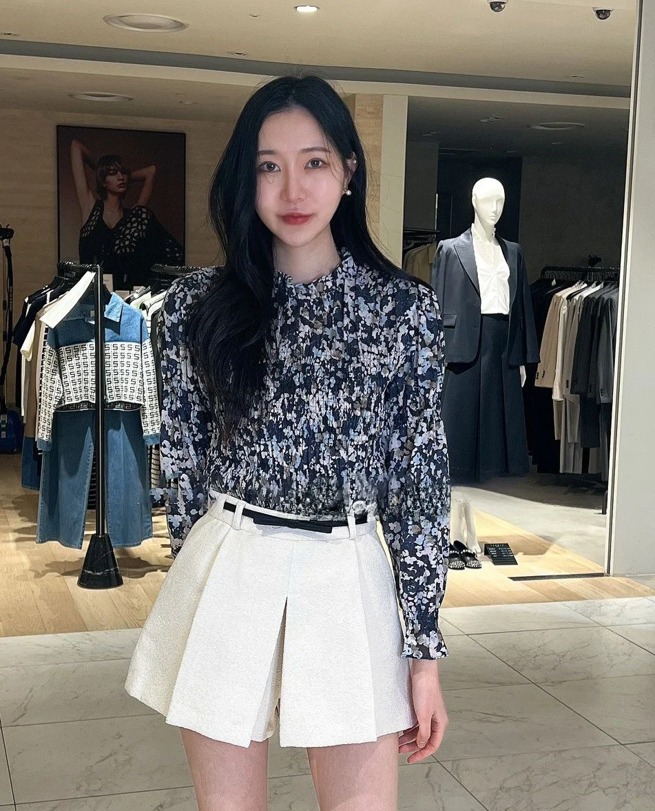 

Sweet Commuter Floral Print irt Elastic Hemline Versatile Top Korean Sle Long Sve Women's Premium Faion