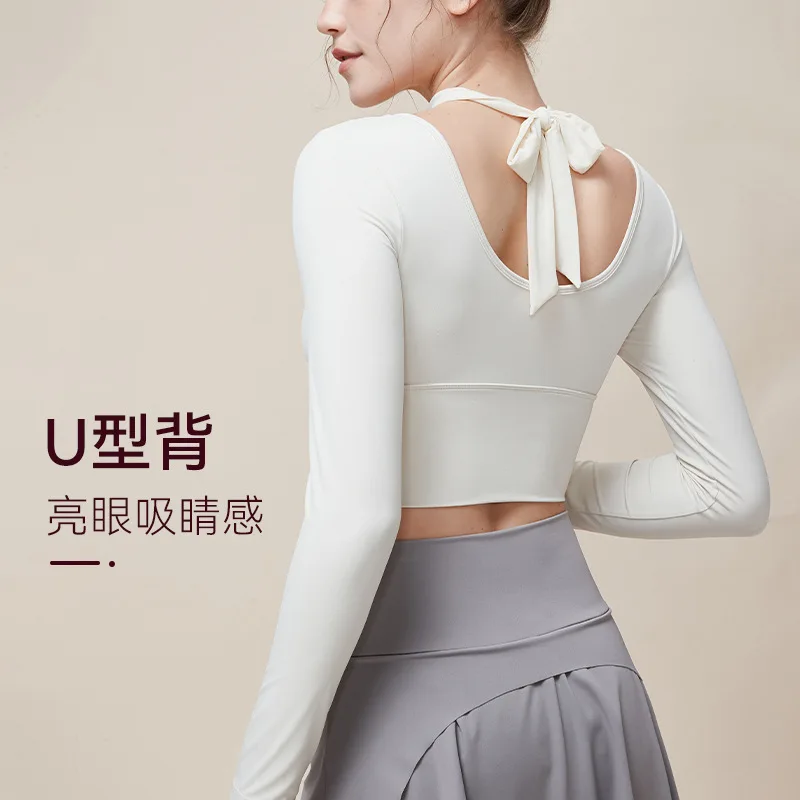 Long Sleeve Quick Dry Women Yoga Fitness Sports Shirts U-shaped Back Mesh Halter Crop Top Gym Workout Breathable Slim Tops