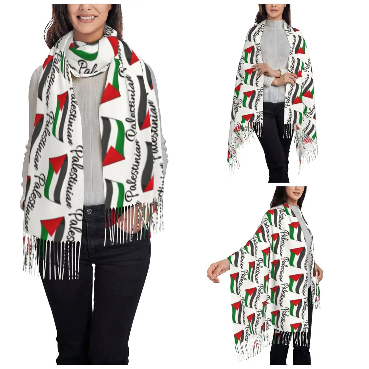 Palestinian Palestine Calligraphy Shawl Wrap for Womens Warm Large Soft Scarf Traditional Pashminas Tassel Scarves