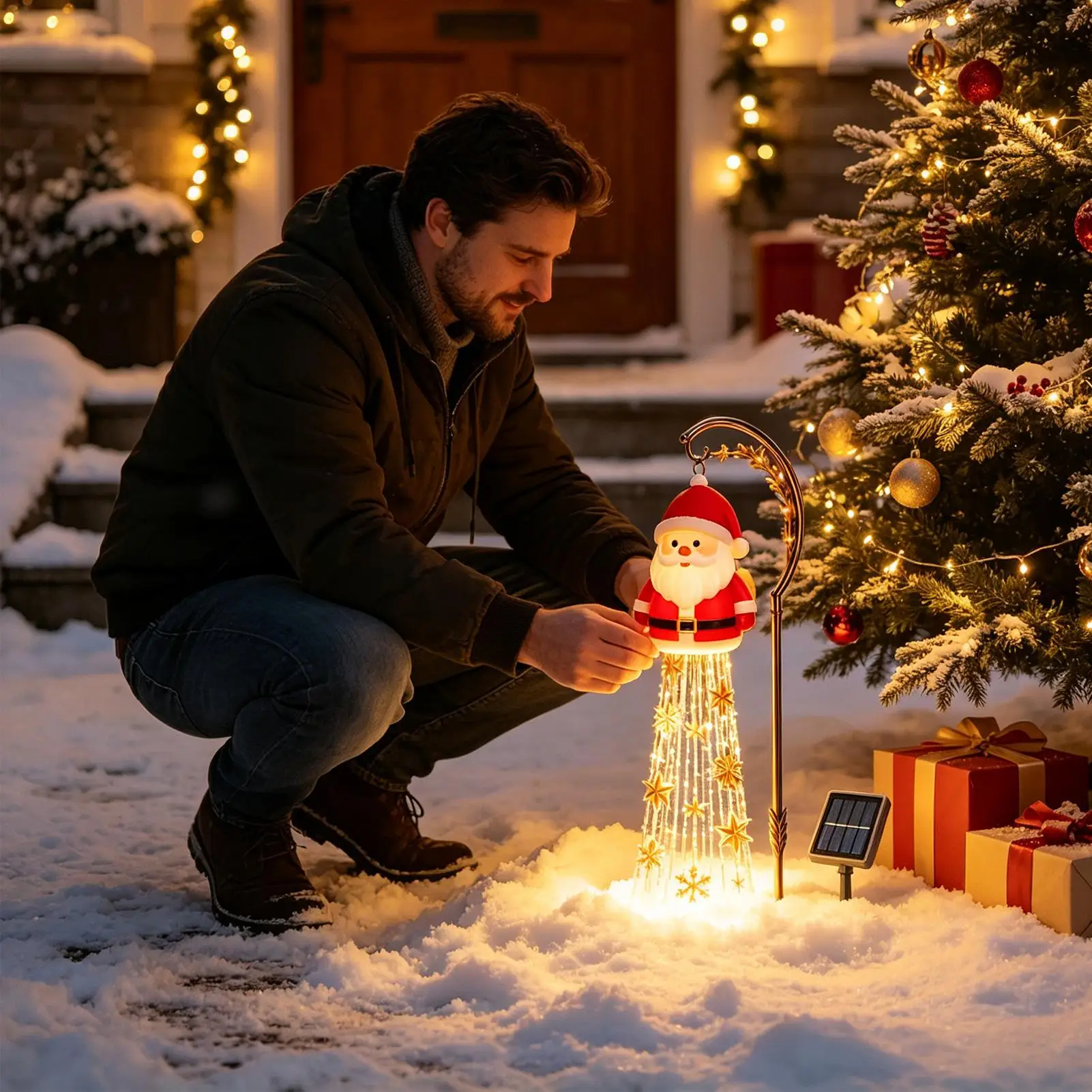 Solar Christmas Snowman MagicFountain Garden Light,SnowmanStarlight Cascade Hanging Lamp For Patio Porch Lawn Garden Yard