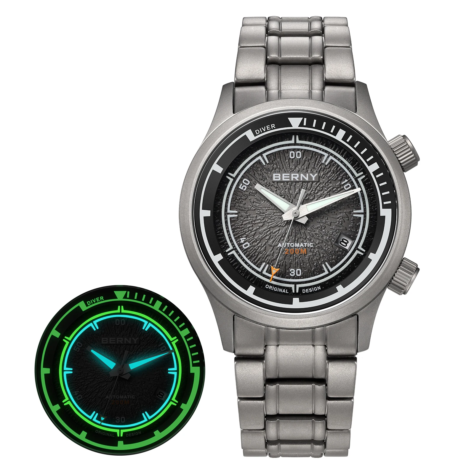 BERNY Herren-Taucheruhren, Titan, automatisch, mechanisch, superleuchtend, Herren-Taucheruhr, Saphirglas, 200 m wasserdicht, Sporttauchen