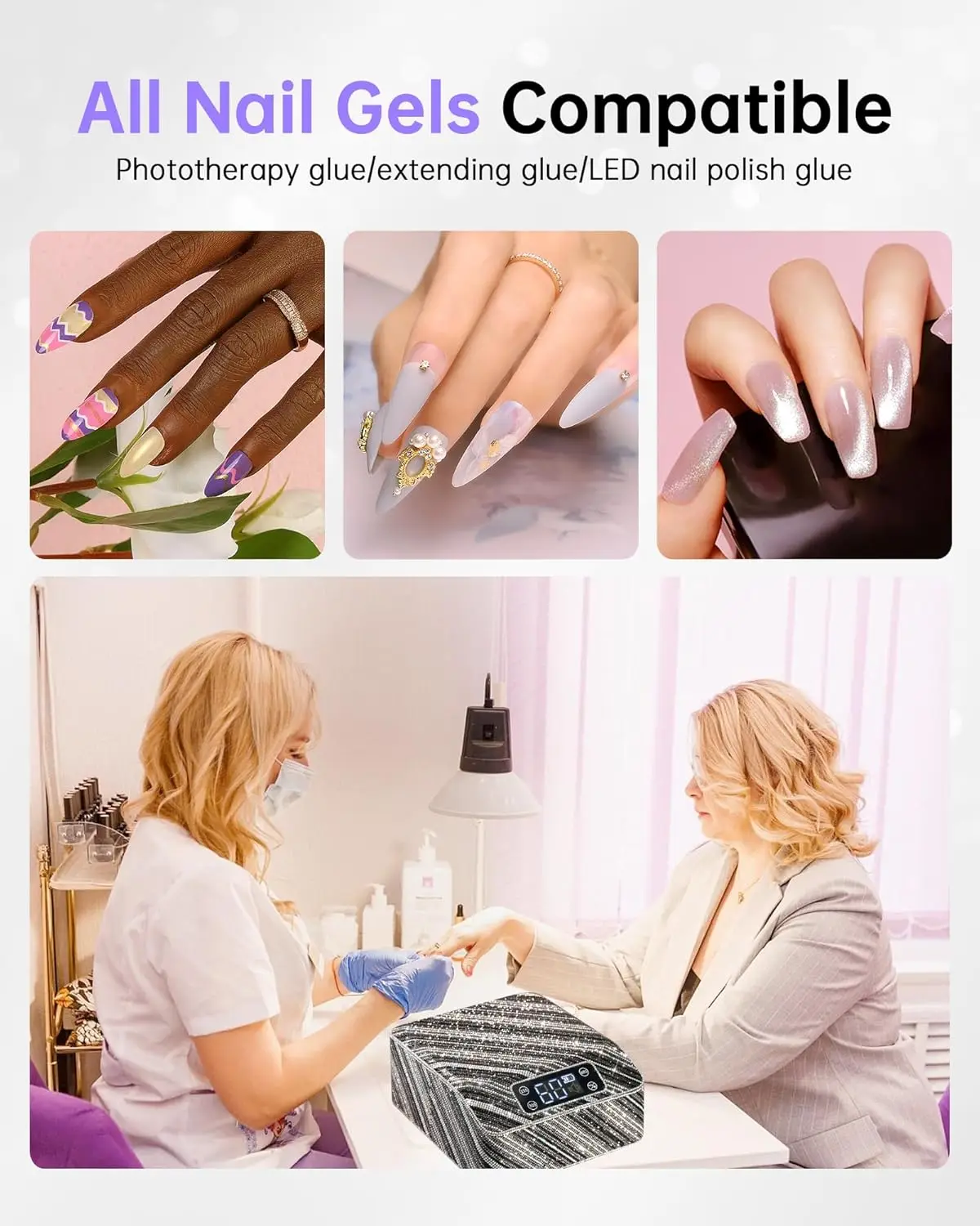 مصباح أظافر بالأشعة فوق البنفسجية قابل لإعادة الشحن، مجفف طلاء جل LED مع مؤقت ومستشعر تلقائي، تصميم زيبرا دايموند