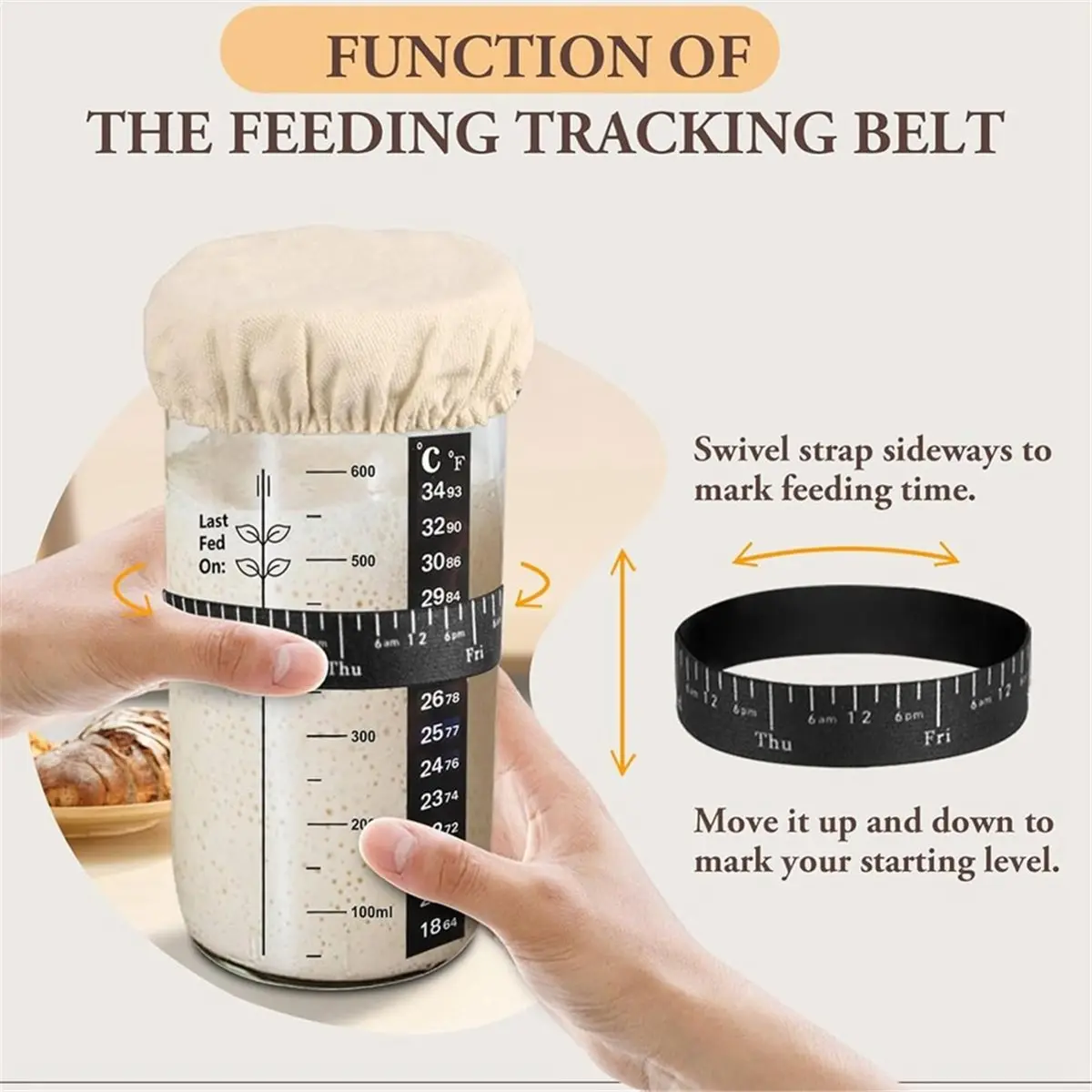 Sourdough Jar, 24 Oz Sourdough Kit with Date Marked Feeding Band, Thermometer, Cloth Cover & Metal Lid