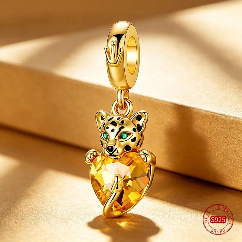 

Ahthen 925 Sterling Silver Beads Golden Baby Leopard Heart Dangle Charm fit Snake Chain Bracelets or Necklaces Women DIY Jewelry