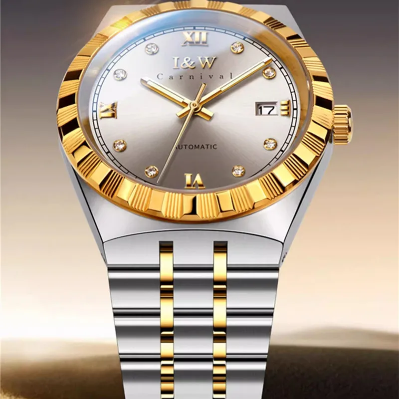 

Мужские золотые механические часы CARNIVAL, брендовые, класса люкс, с автоматическим механизмом NH35, водонепроницаемые, для мужчин.
