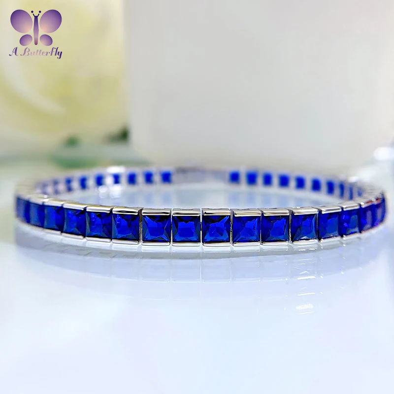 AButterfly 100% Sterling Silver Square Tennis Bracelet 4*4mm SONA Simulated Sapphire Ladies Birthday Gift Fine Jewelry