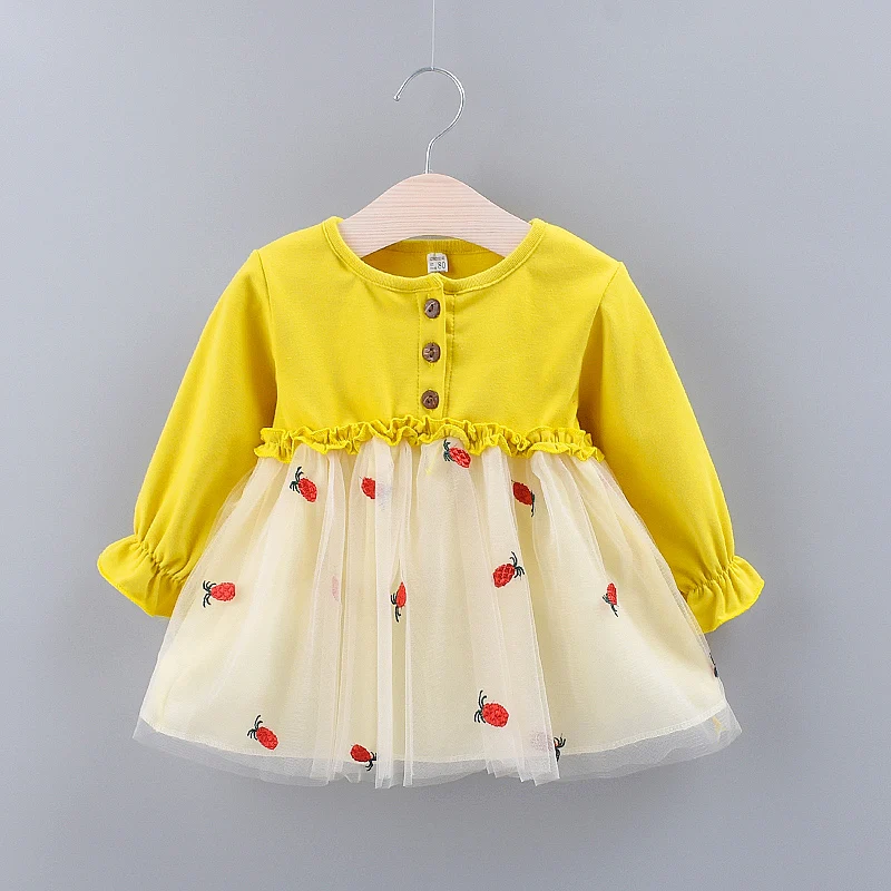 Spring And Autumn New Baby Girl Princess Dress, Pineapple Embroidered Children\'S Long Sleeve Clothes (1-3 Years Old)