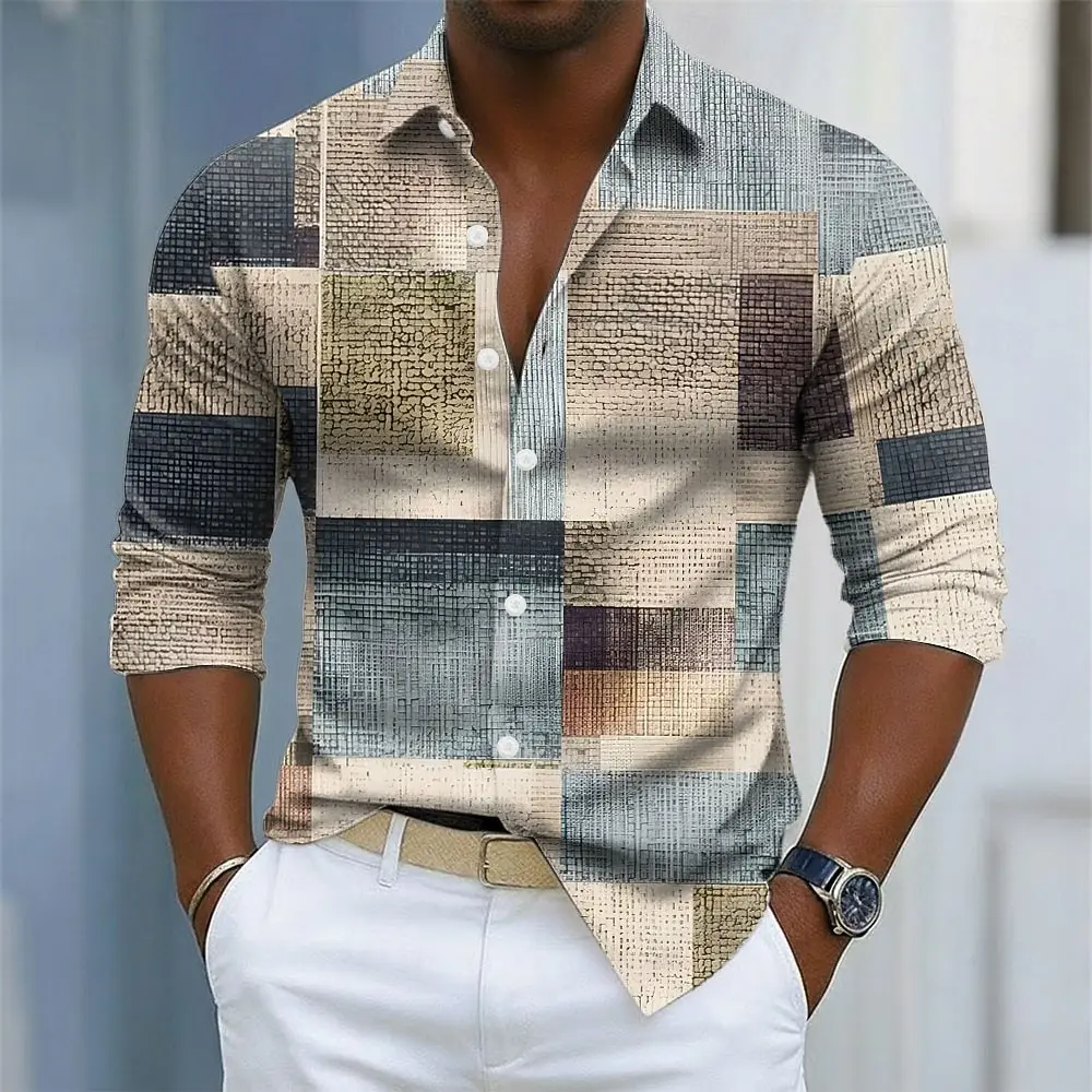 เสื้อเชิ้ตผู้ชายลายตารางเรขาคณิตสีสันสดใส แขนยาว แฟชั่นลำลอง สไตล์ฤดูใบไม้ร่วง พิมพ์ลาย 3 มิติ ปกเสื้อเชิ้ตติดกระดุม