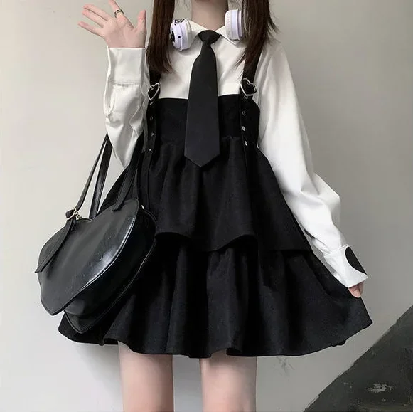 Coalfell Kawaii Women Mini Lolita Dress Japanese Style Cute Layered  Ruffle Balck Strap Dress Vintage Lace Party Dress Girly