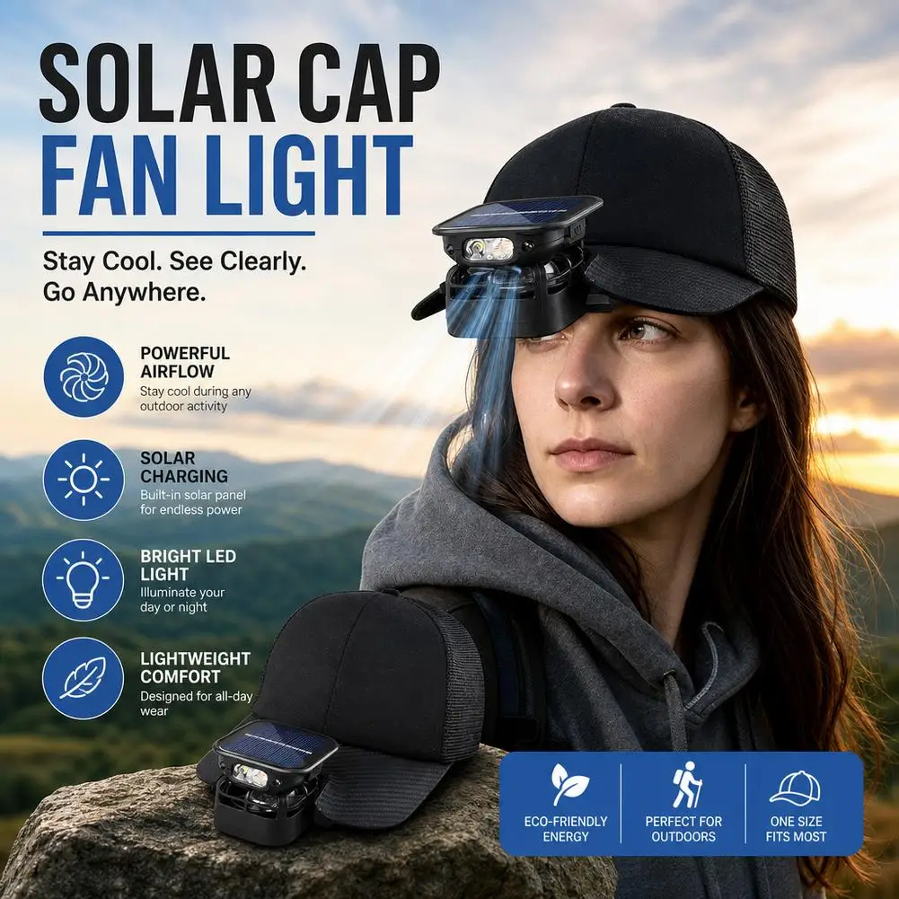 Solar Powered Cap Mount Cooling Fan Equipped With Strong LED Headlamp Wave Induction Control Waterproof Lighting Fan For Fishing