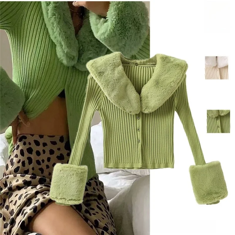 

Autumn Winter New Small Design Sve Furry Retro Detachable Rabbit Fur Knitted Elastic Cardigan Coat Street Sle V Ne But...