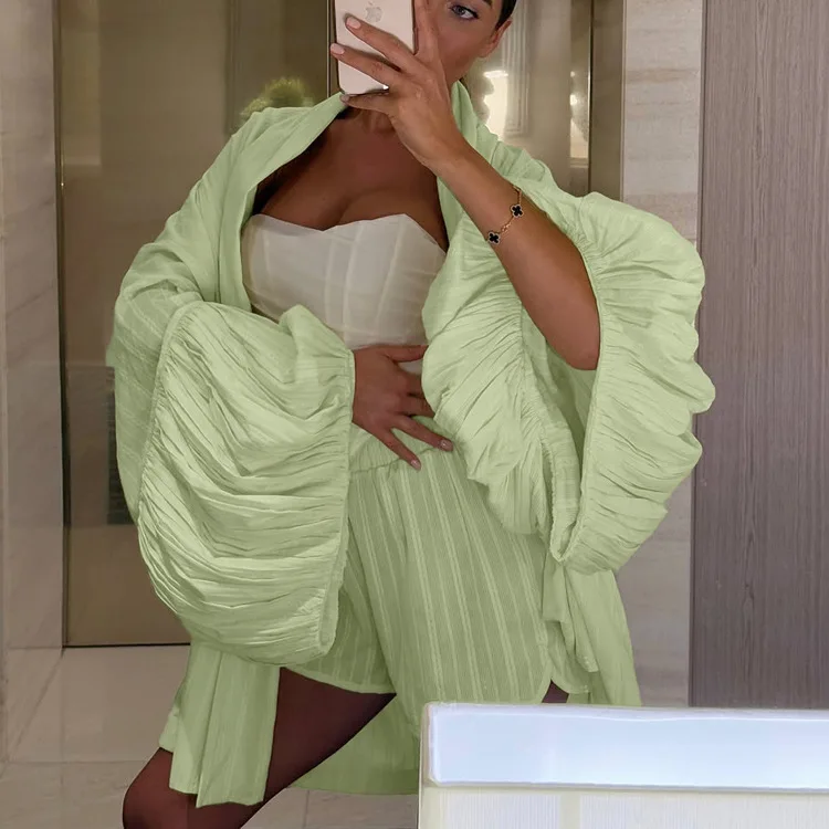 

Элегантные синие хлопковые комплекты из 2 предметов: модные женские наряды с рукавами-лепестками, свободные однотонные блузки и шорты с высокой талией.