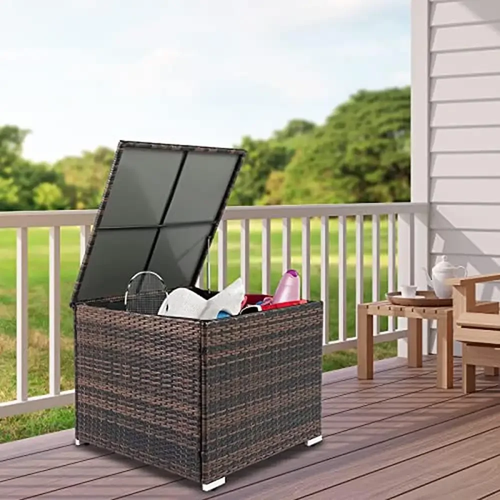 Wicker Patio Storage Box All Weather 67 Gallon Deck Organizer Durable Steel Frame Large Capacity Easy Assembly 28