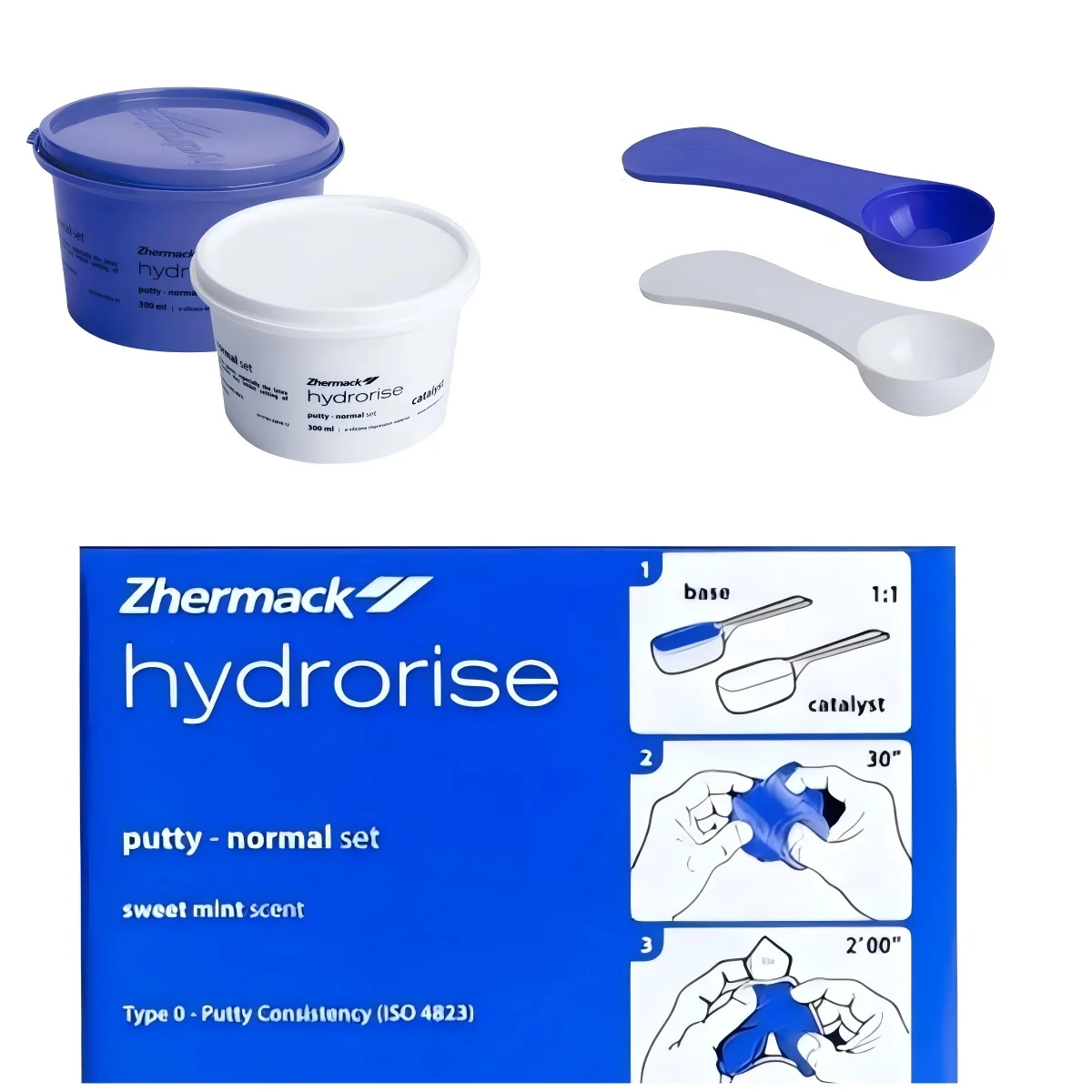 

Стоматологический оттискной материал: паста-основа и катализатор Zhermack Hydrorise, аддитивный силикон, высоковязкий, для точного моделирования, резиновый.