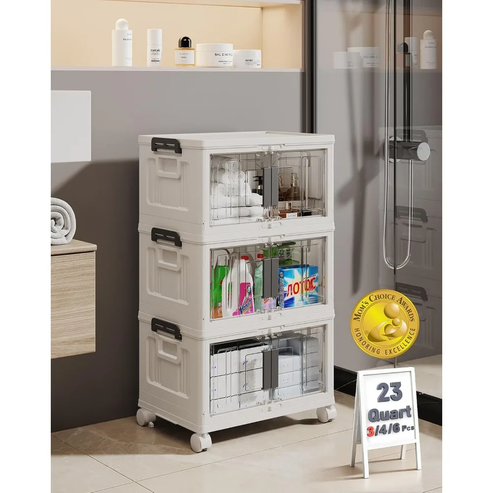 3 Pack Storage Bins - Multi-Lid, Lockable, Mobile, Foldable, Stackable Plastic Drawers for Spaces