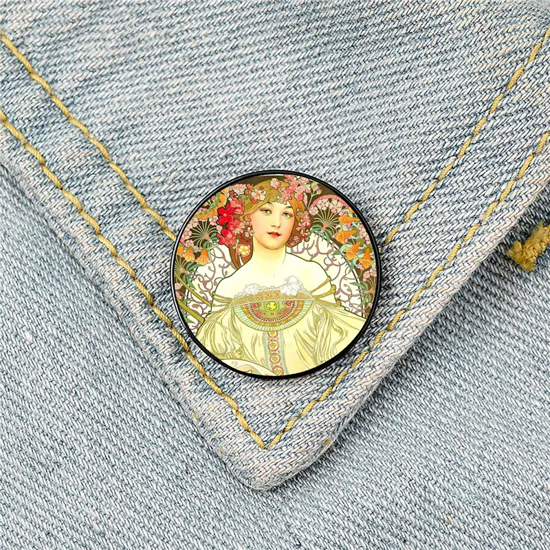 A Touch of Gold Alphonse Mucha Pin Custom Brooches Shirt Lapel Bag Cute Badge Cartoon Cute Jewelry Gift for Lover Girl Friends