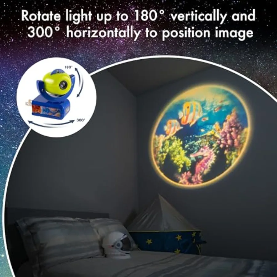 Six Image LED Plug-In Night Light, Light Sensing, Auto On/Off, Projects Solar System, Earth, Moon, Safari, Aquarium, and Coral