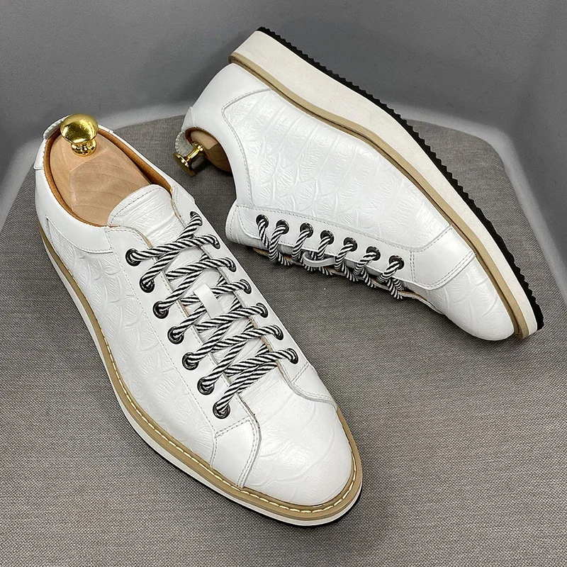 Clássico dos homens sapatos casuais de couro genuíno rendas moda tênis marca luxo jacaré impressão rua viagem sapatos planos para homem