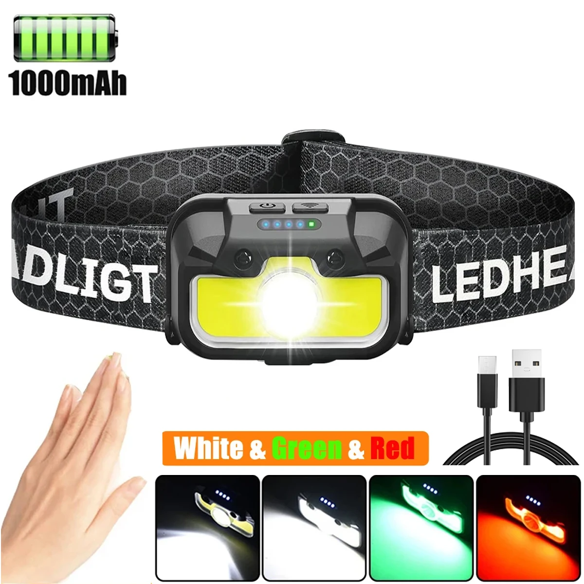 

High Bright LED Sensor Headlamp USB Rechargeable Mini Headlight White+Red+Green Fishing Camping Head Flashlight 14 Modes Light