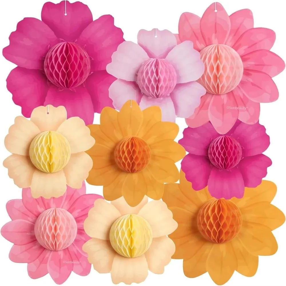 

9pcs/set Spring Colorful Paper Flower Hawaiian Style Sunflower Honeycomb Paper Baby Shower Hanging Decorations for Girl Birthday