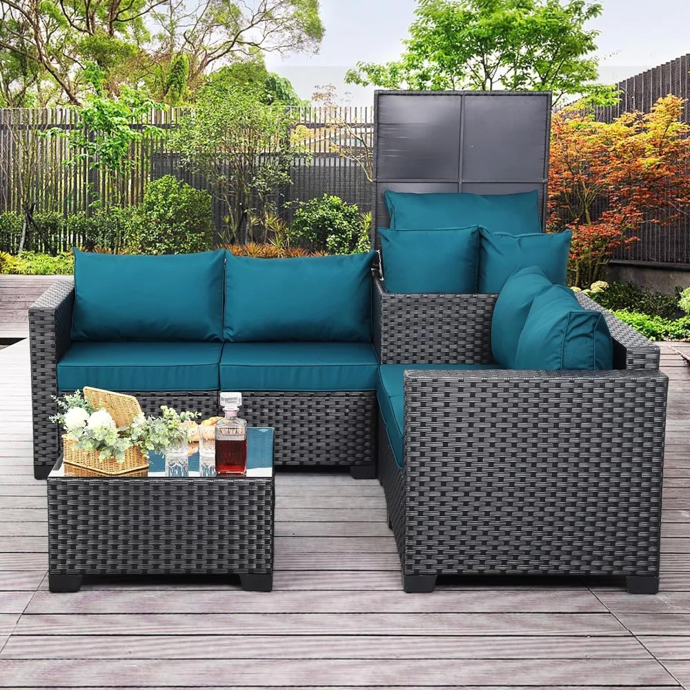 Patio Furniture Set, Conversation Couch Sets with Storage Box Glass Top Table and Anti-Slip Cushion,4 PCS Outdoor PE Wicker Sofa