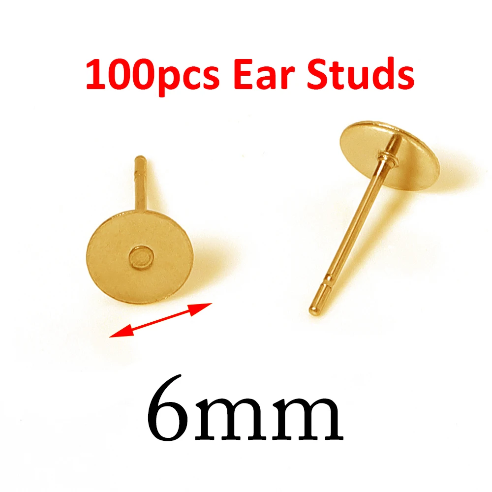 100 Stück Goldene Edelstahl-Ohrstecker 3-8mm mit Flachkopf, DIY Runde Ohrring-Rohlinge, Ohrstecker-Basen für Schmuckherstellung, Ohrring-Verschlüsse