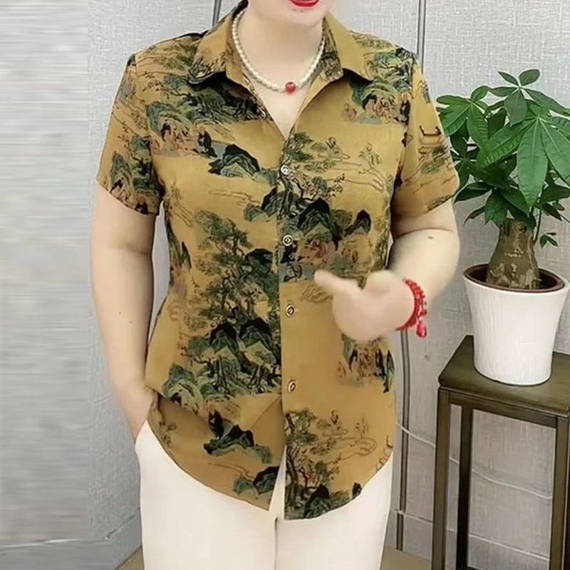 2023 Women Clothes Vintage Print Button Up Shirt Summer Fashion Turn Down Collar Short Sleeve Blouse Elegant Ladies Tops Blusas