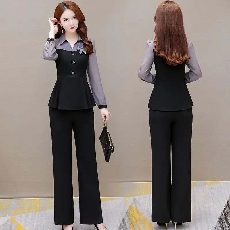 Spring Fashion Elegant Women Pants Sets 2024 New Turn Collar Patchwork Chiffon Slim Office Lady 2 Pieces Outfits Pantsuits