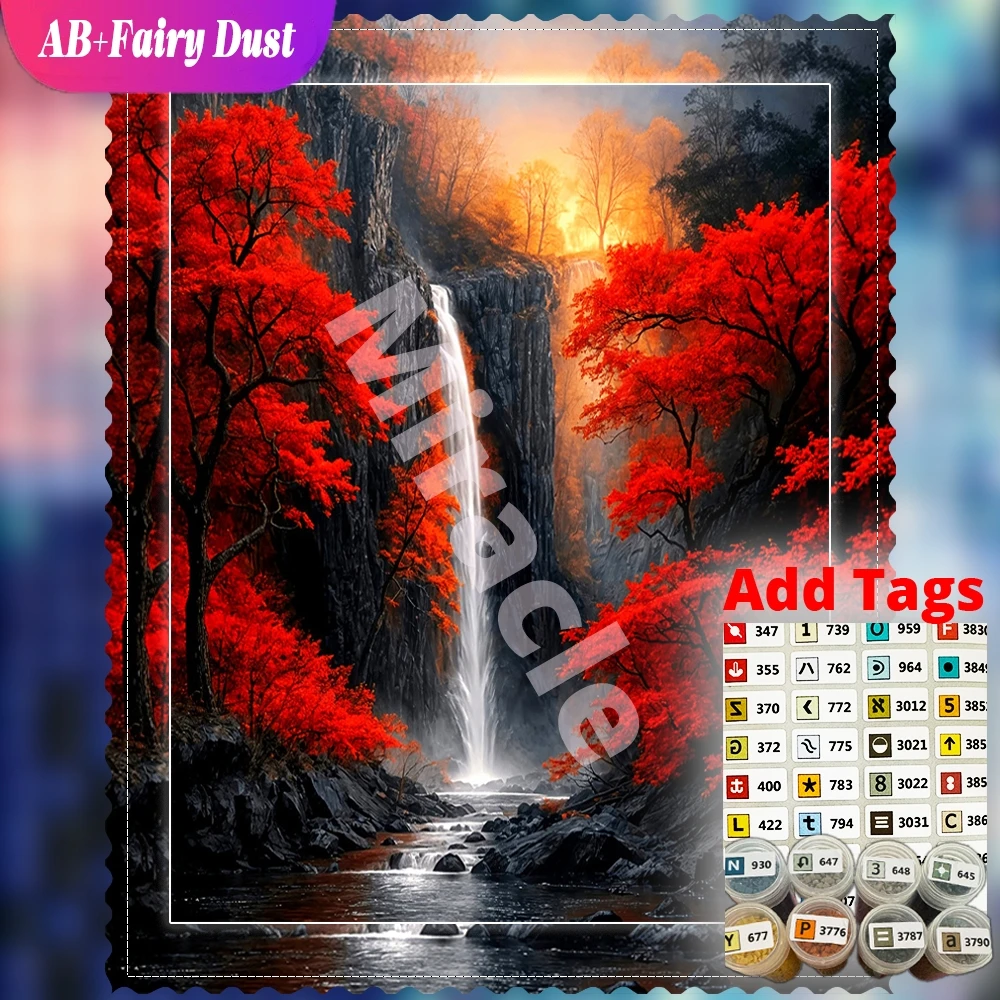 Classical red maple waterfall autumn Landscape AB Fairy Dust Diamond Mosaic Full Square Round Painting Home Decor