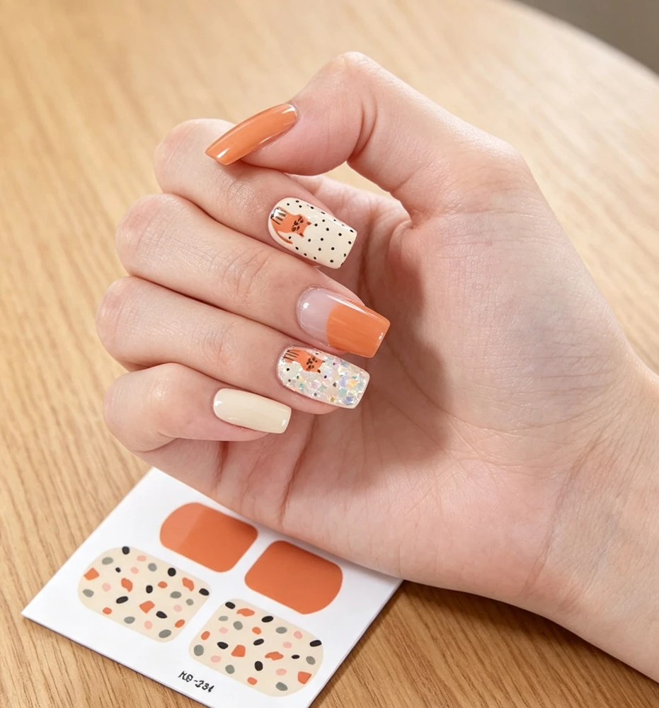 Cute Cat Terrazzo Polka Dot Nail Stickers Self Adhesive Full Nail Art Decals Orange Aesthetic Manicure Decor Stickers For Women