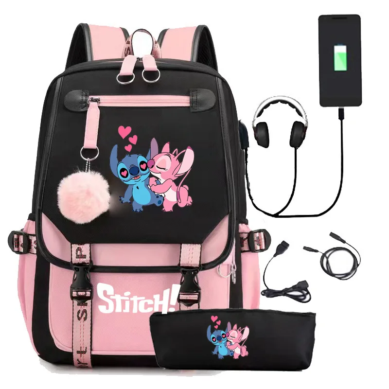 

Cute Lilo Stitch Anime Backpack Cartoon Schoolbags Large Capacity USB Charging Bags Teeneger Backpack Women Travel Laptop Bags