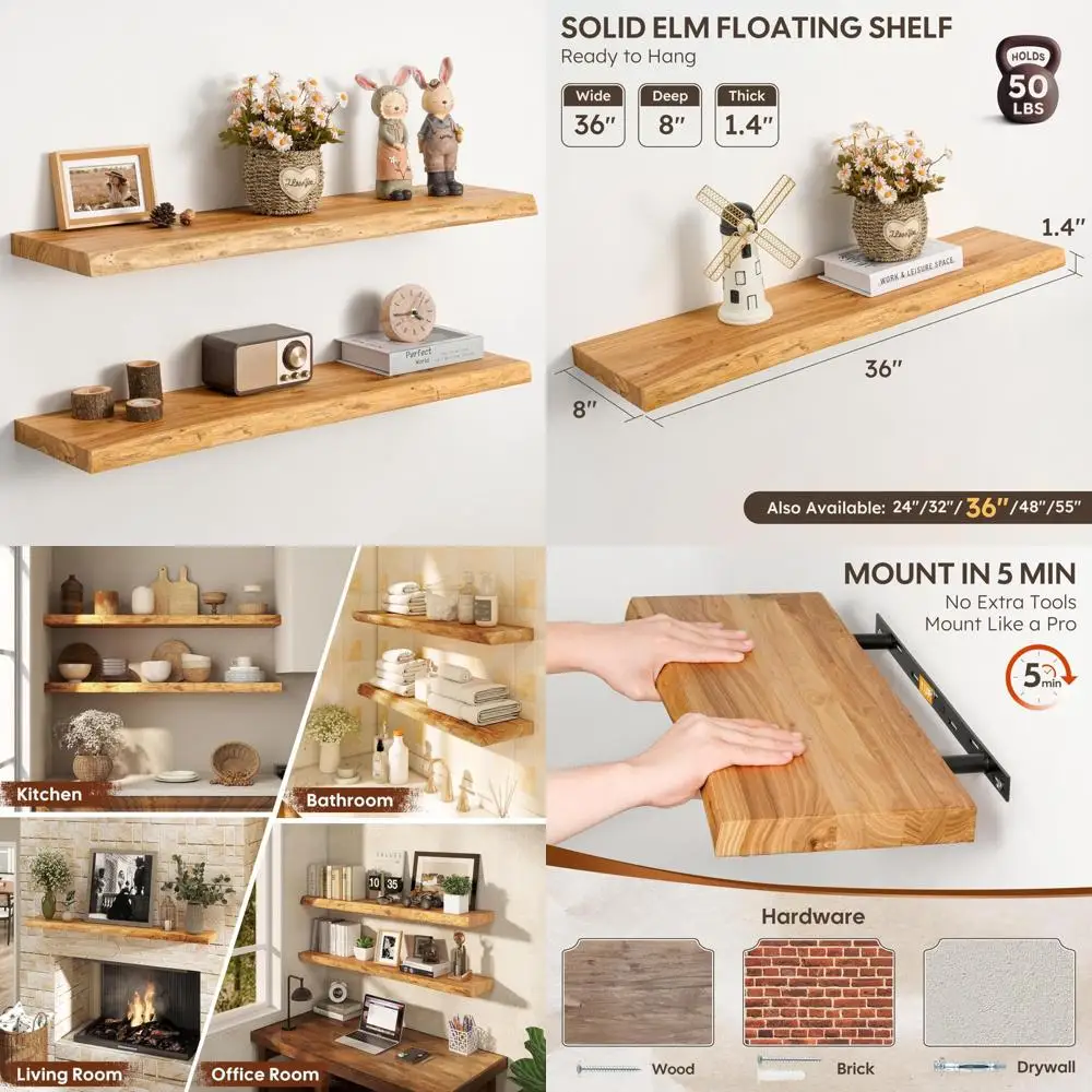 

Pair of 36-Inch Elm Wood Floating Shelves - Wall Mounted for Home Decor in Various Rooms