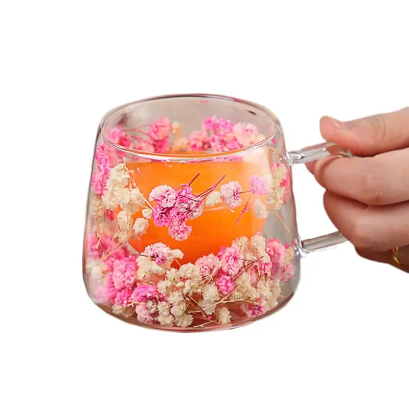 Taza transparente con flores para el hogar, taza de café creativa con asa, taza de flor seca de 200ml, aislamiento de doble pared, taza de café de primavera