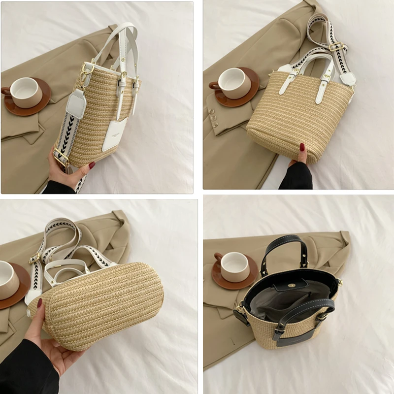 Woven Straw Shoulder Bag Female Crossbody Bags for Women 2023 Designer Bucket Bag Summer Beach Handbags Purse Travel Shopper Bag