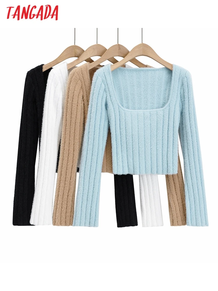 Tangada 2023 Autumn Winter Women Slim Knitted Sweater Jumper Square Neck Female Pullovers 4P44