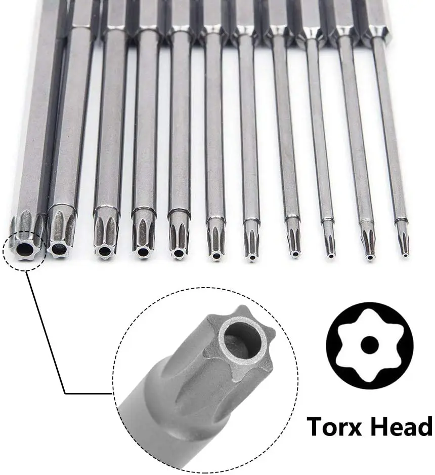 11 Uds Torx conjunto de puntas de destornillador con agujero T6 T8 T9 T10 T15 T20 T25 T27 T30 T35 T40 1/4 pulgadas vástago hexagonal 75mm/3 pulgadas de largo
