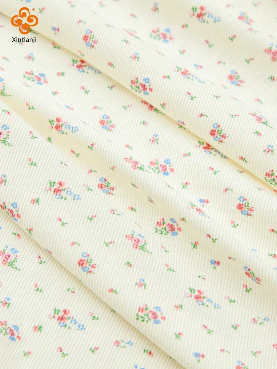 100% Cotton Rib Knit Fabric Floral Pattern Soft Material Home Dress Children Crawling Suit Women Short Sleeve Cloth DIY Fabric