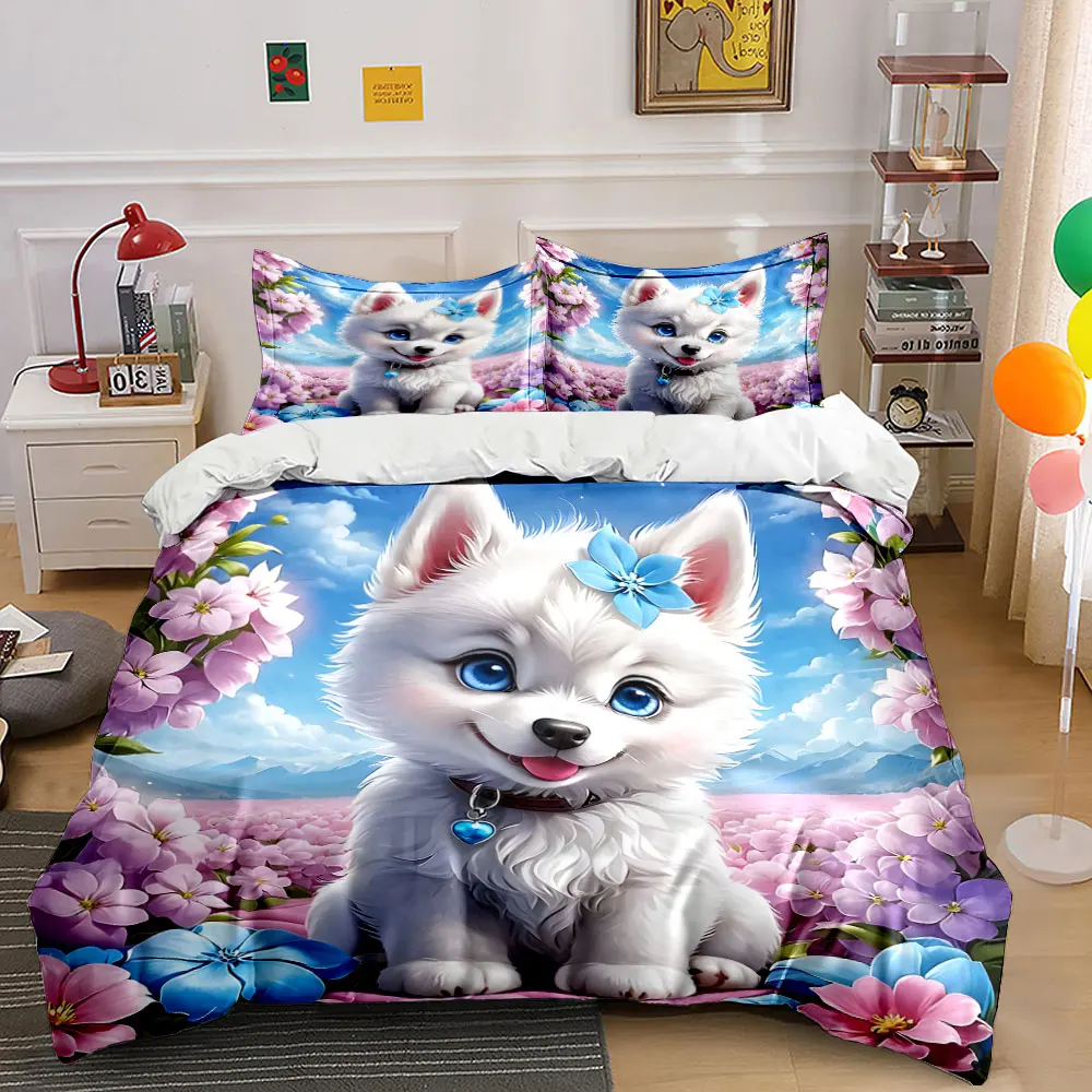 White puppy surrounded by flowers Print Soft Comfortable Duvet Cover Bedding Set Included 1*Duvet Cover 2*Pillowcases
