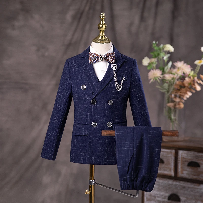 

Child Formal Plaid High-end Suit Set Boy Wedding Piano Performance Birthday Host Handsome Dress Kids Jacket Vest Pants Clothes