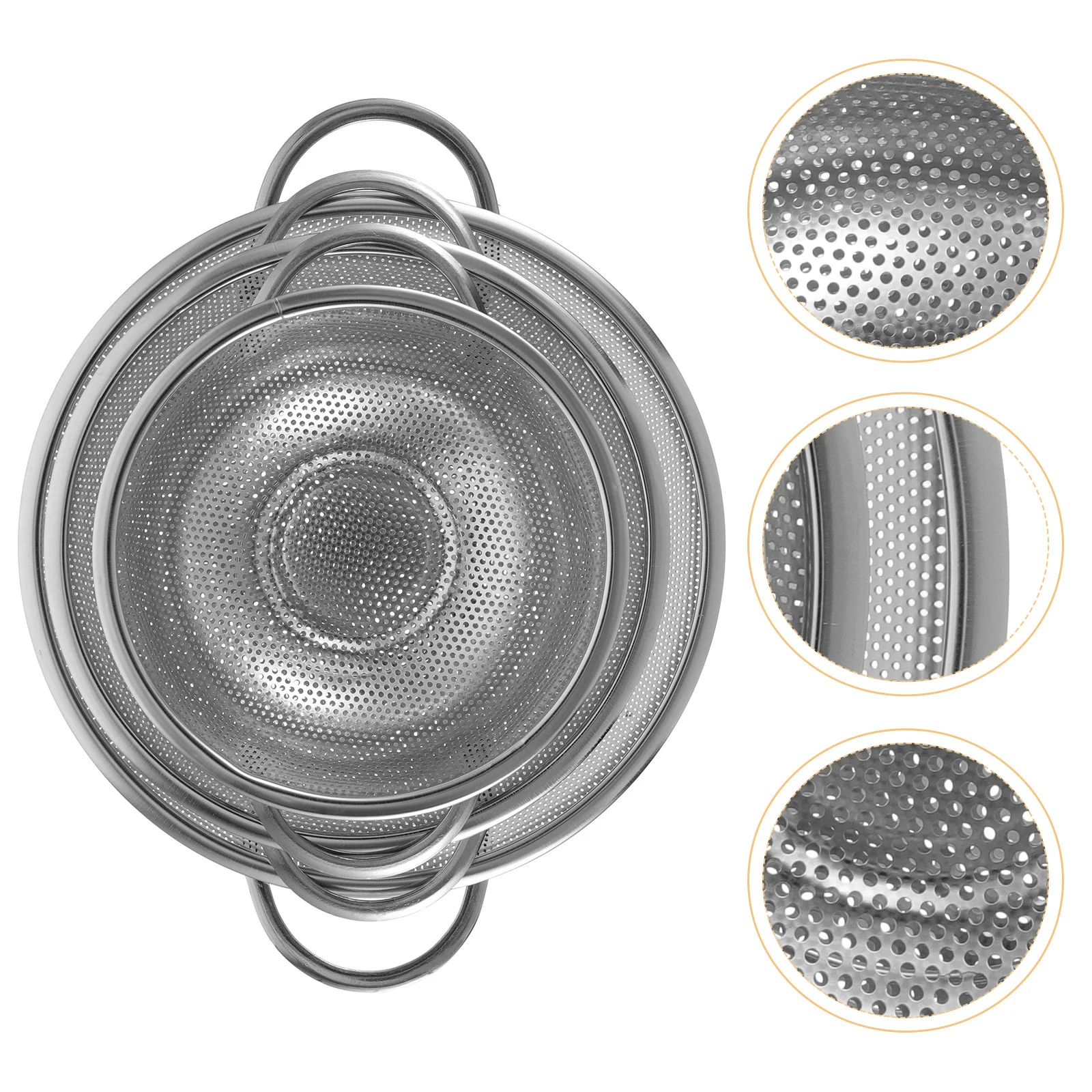 

3Pcs Stainless Steel Fine Mesh Double Handle Strainers Rice Washing Baskets Kitchen Fruit Vegetable Drain Bowls Multi
