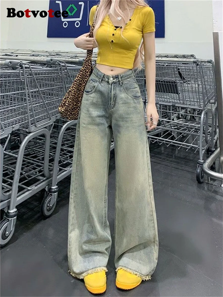 

Botvotee Женские винтажные потертые широкие джинсы - потертые джинсовые брюки с высокой талией, прямые свободные длинные брюки с необработанным подолом