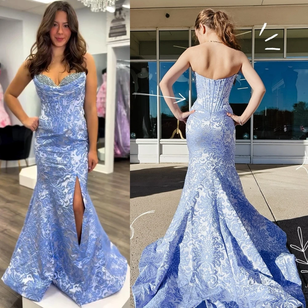 

Экзотическое жаккардовое платье русалки для выпускного вечера королевы 2k26 парчовое длинное пышное вечернее коктейльное платье с принтом барвинка