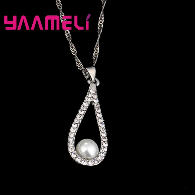 Pure 925 Sterling Silver Shiny CZ Crystal Water Drop Pearl Necklaces For Woman Fine Jewelry Wedding Earring Set Gift