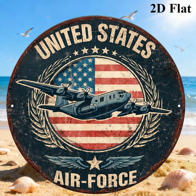 CIFBUY United States Air Force Round Metal Tin Sign Vintage USA Flag Aircraft Wall Decor Man Cave Garage Veteran Aviation Plaque